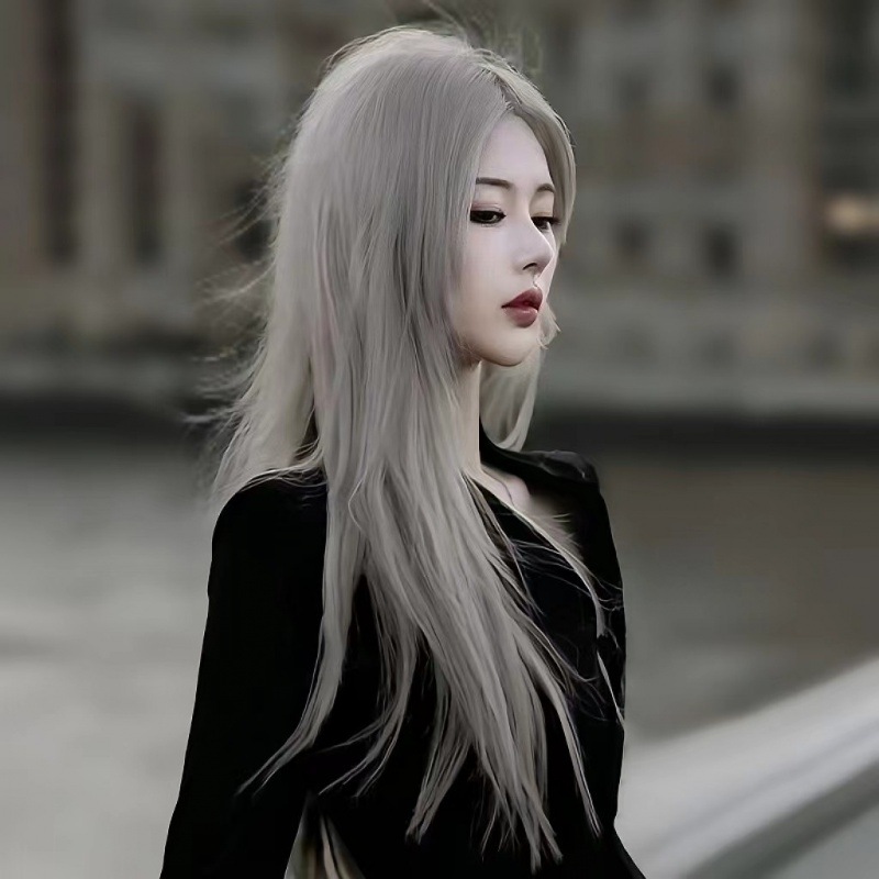 假发女灰色长发汉服cos中分八字刘海网红日常修脸全头套-阿里巴巴