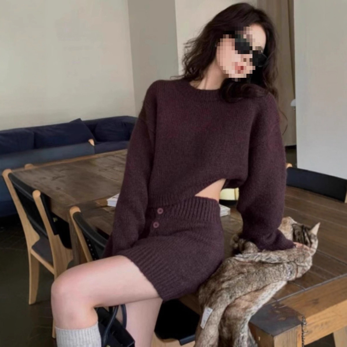 羊毛针织套装裙女秋冬高级感慵懒风加厚毛衣包臀短裙时尚两件套