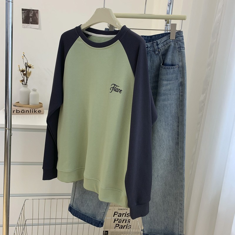 洋气抹茶绿拼色插肩袖卫衣女秋季宽松韩版圆领刺绣上衣外套潮