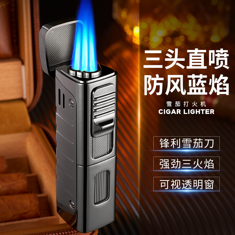 新款三头直冲防风蓝焰打火机带锋利雪茄刀可视透明窗抖音网红热销