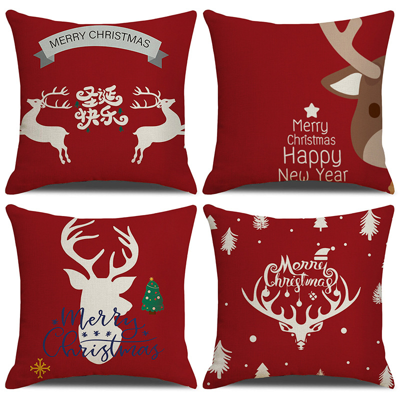 2023 New Cross-Border Christmas Pillow Cartoon Red Printed Elk Snowflake Sofa Bedroom Linen Cushion Cover