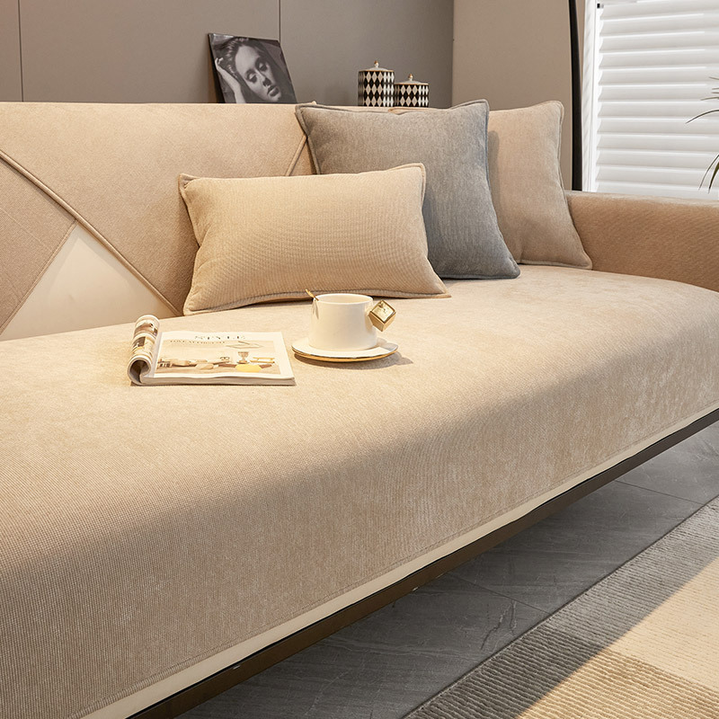 卡其色沙发垫四季通用防滑雪尼尔垫子现代皮纯色坐垫新款2024