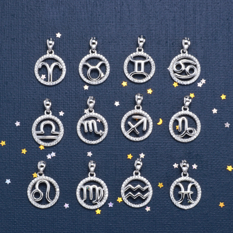 十二星座吊坠925纯银diy饰品吊饰配件简约个性创意锆石圆牌挂坠