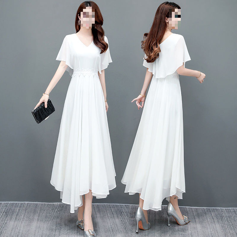 雪纺白色连衣裙修身显瘦长款名媛气质蕾丝裙子蝙蝠袖法式长裙女夏