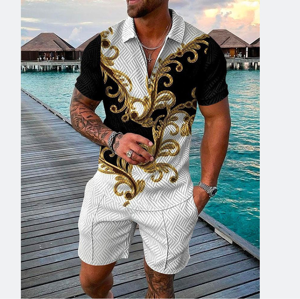 summer cross-border fashion polo collar zipper polo shirt shorts suit large size men‘s casual 3d printed sports suit