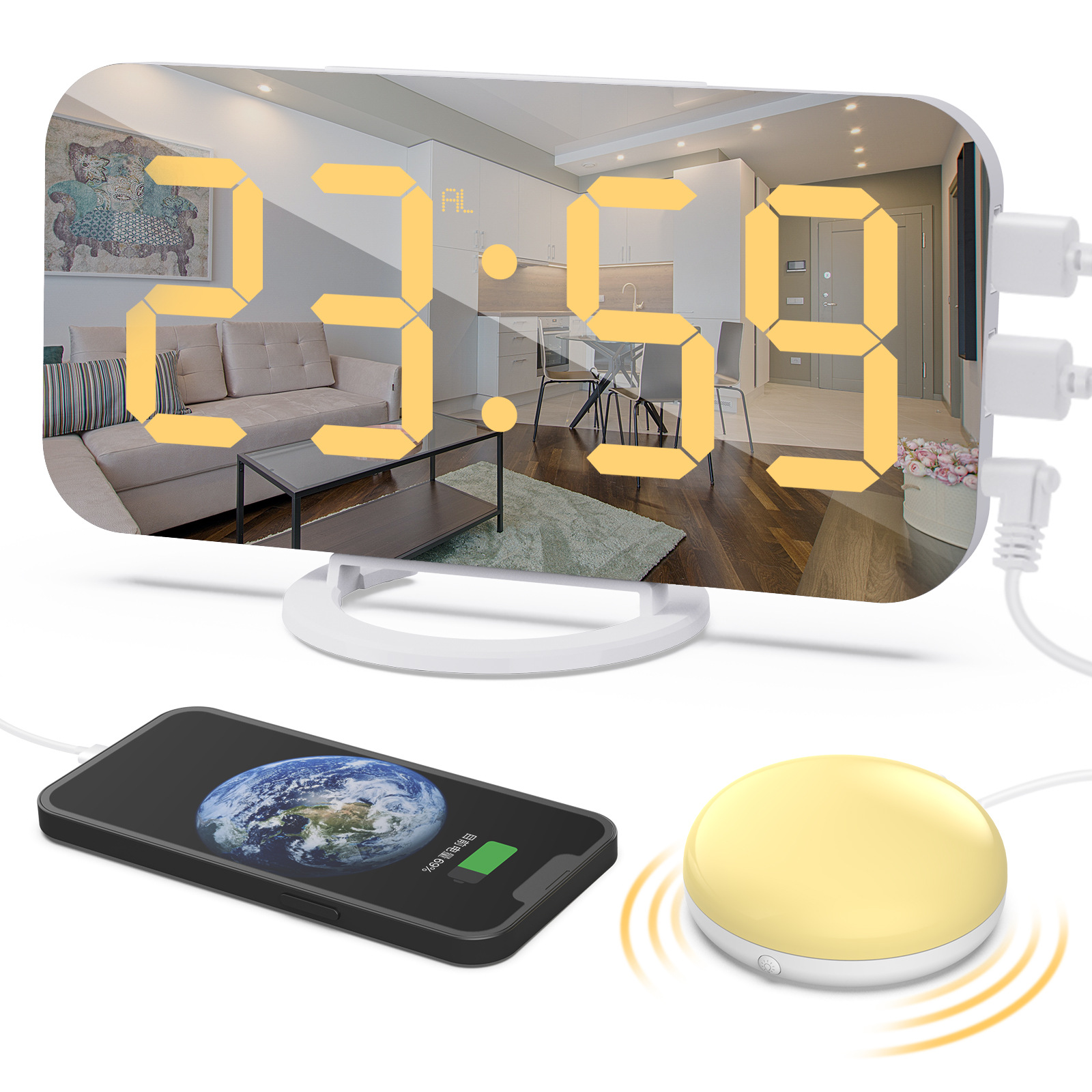 2022 New with Small Night Lamp Vibrator Snooze Alarm Clock Led Mirror Electronic Clock Mirror Clock with USB Charging