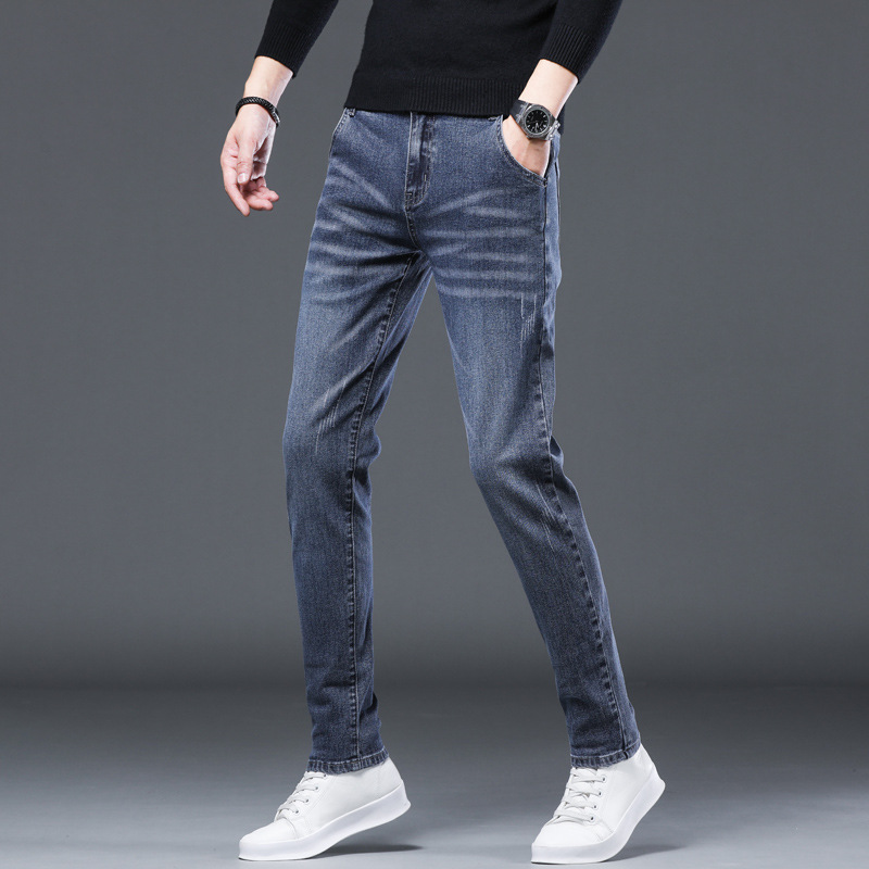 Men's Pants Foreign Trade Wholesale Jeans Men's Cotton Stretch Korean Slim Fit Denim Mid Waist Trousers Fashion Youth Blue Gray Casual Pants