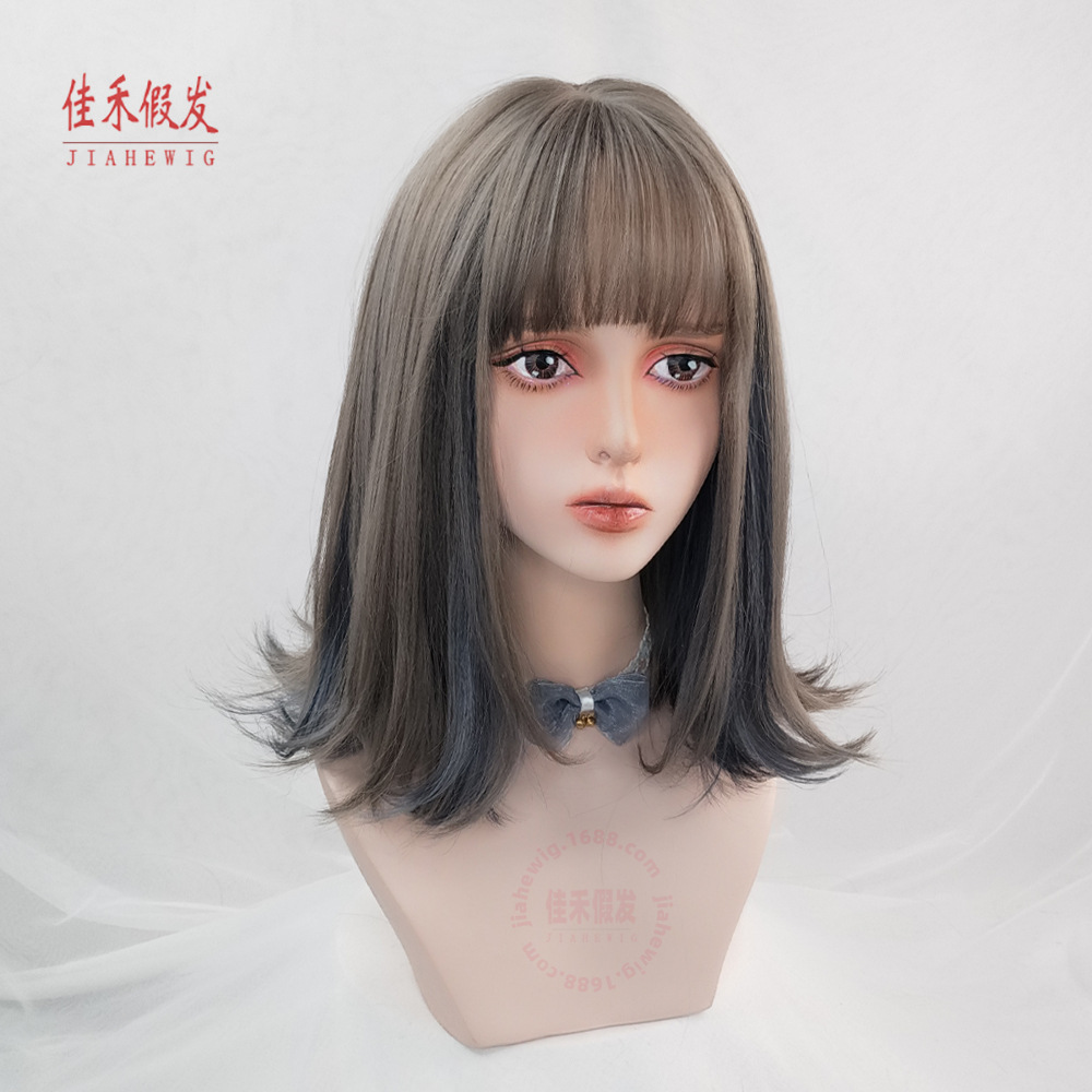 假发女中长卷发反翘锁骨发梨花头爆款挑染高温丝整顶头套厂家批发