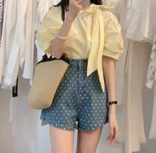 夏装搭配一整套黄色衬衫蓝色波点短裤两件套初恋清纯奶甜韩系穿搭