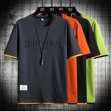 个性搭配假两件短袖t恤男宽松上衣新款休闲潮牌休闲衫男圆领短袖t