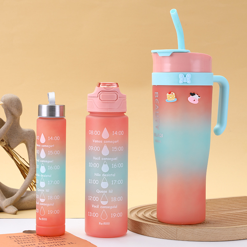 New Three-Piece Set Frosted Transparent Plastic Cup Gradient Color Portable Straw Straight Drink Cup Large Capacity Handle Cup