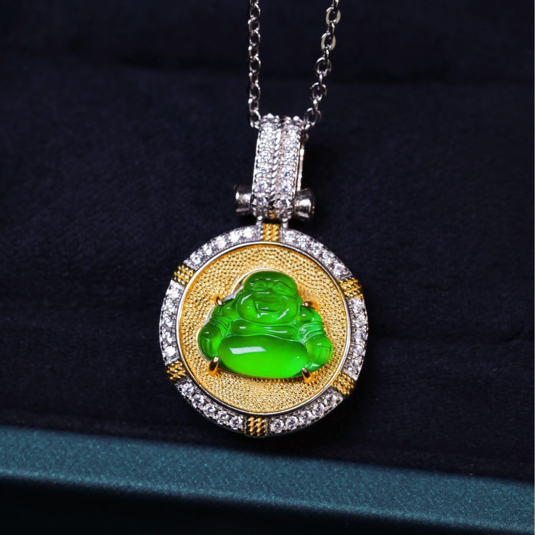 满绿玉石佛公吊坠小巧银镶玉佛公吊坠真品阳绿玉佛公吊坠锁骨圆牌