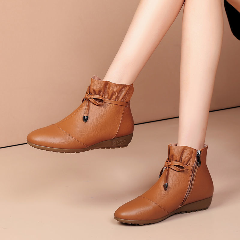 2022春秋新款平底坡跟真皮单靴短靴女蝴蝶结马丁靴妈妈鞋软底大码