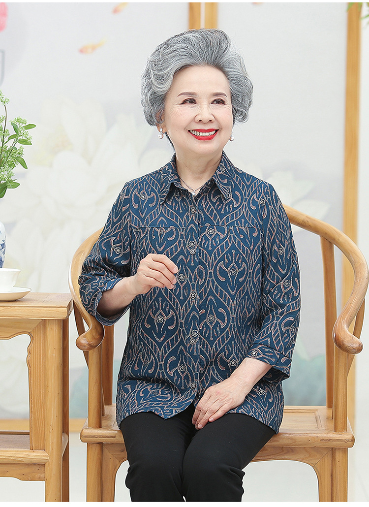 老年人春夏装女衬衫奶奶九分袖棉绸老人衣服太太上衣妈妈洋气衬衣