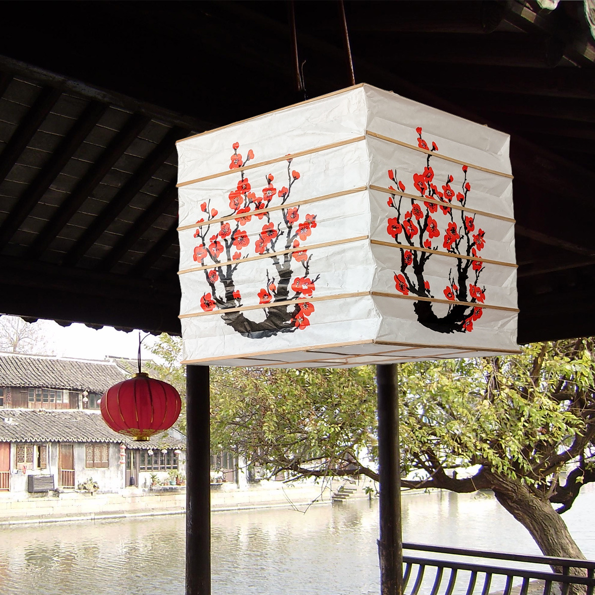 方形梅花纸灯笼春节新年纸灯罩古风灯笼商场开业装饰折叠灯笼批发