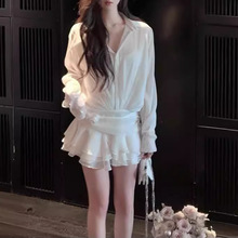 2024夏季新款白色衬衫连衣裙收腰绑带蛋糕裙短裙含吊带背心