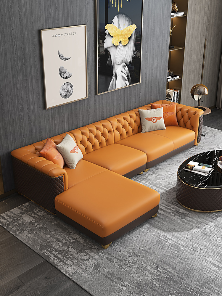 轻奢后现代真皮沙发转角美式高端奢华别墅客厅橙色头层牛皮沙发