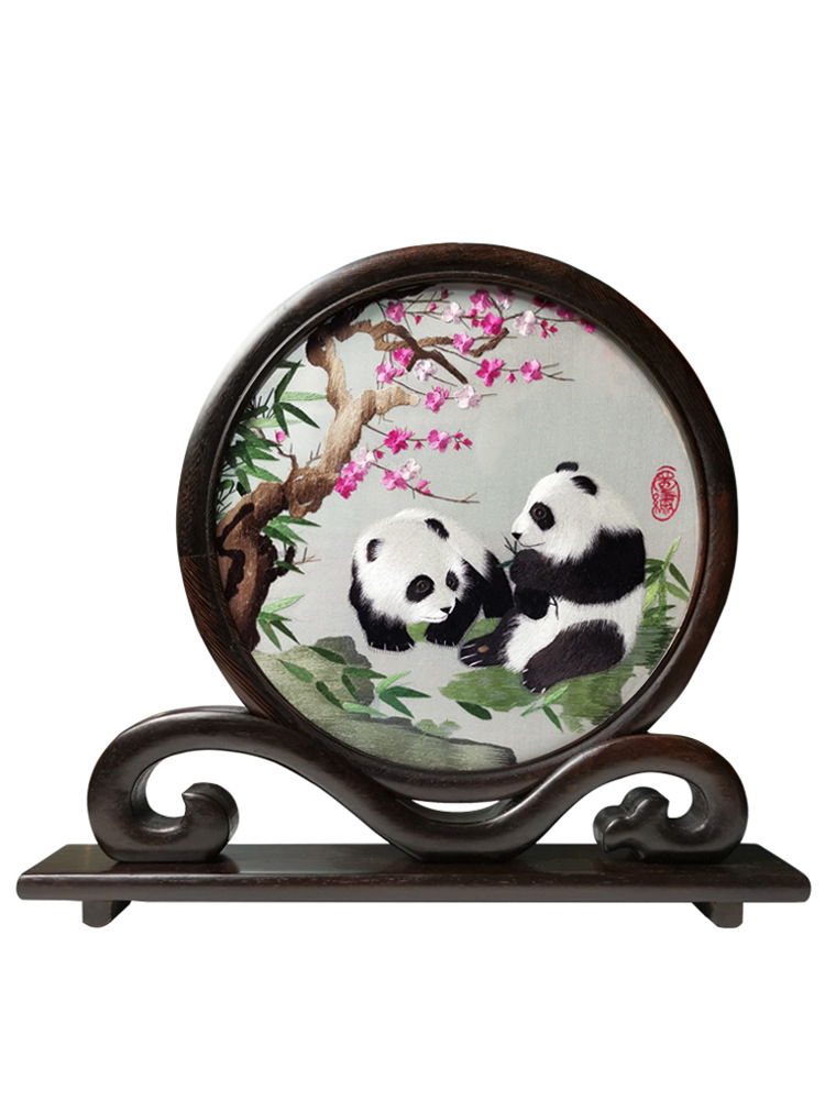 批发蜀绣手工刺绣双面绣大熊猫屏风摆件风特色礼品送老外成都特产