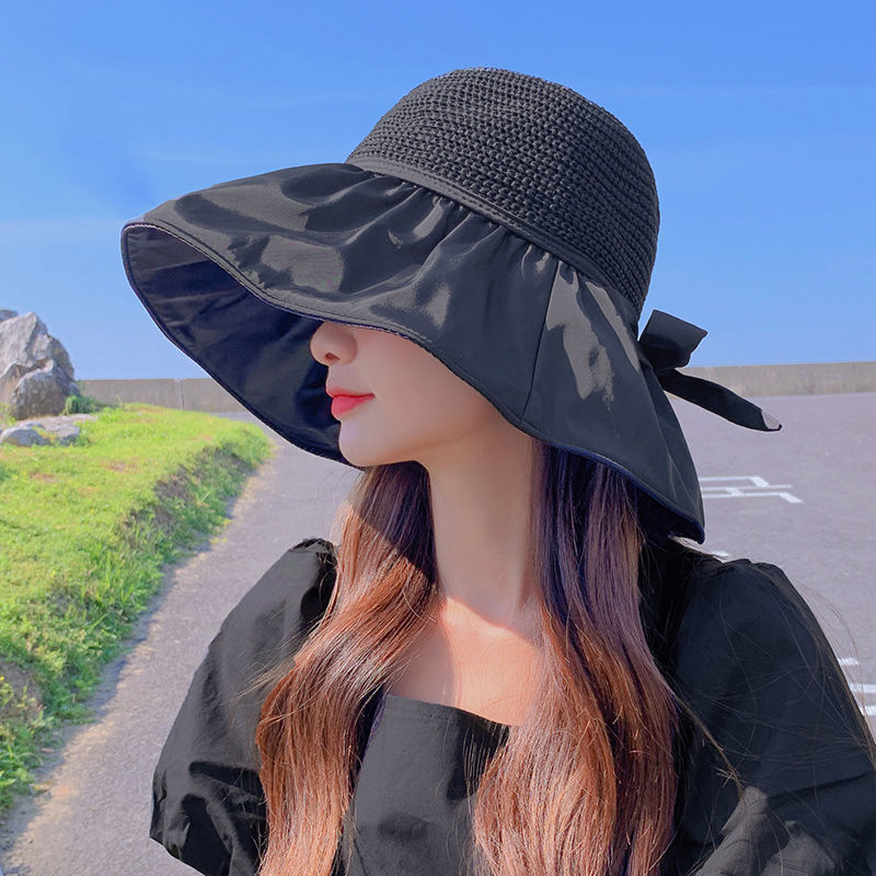 Summer Vinyl Sun Hat Female Hollow Bow UV Protection Big Brim Face-Covering Sun Protection Hat Sun Hat Bucket Hat