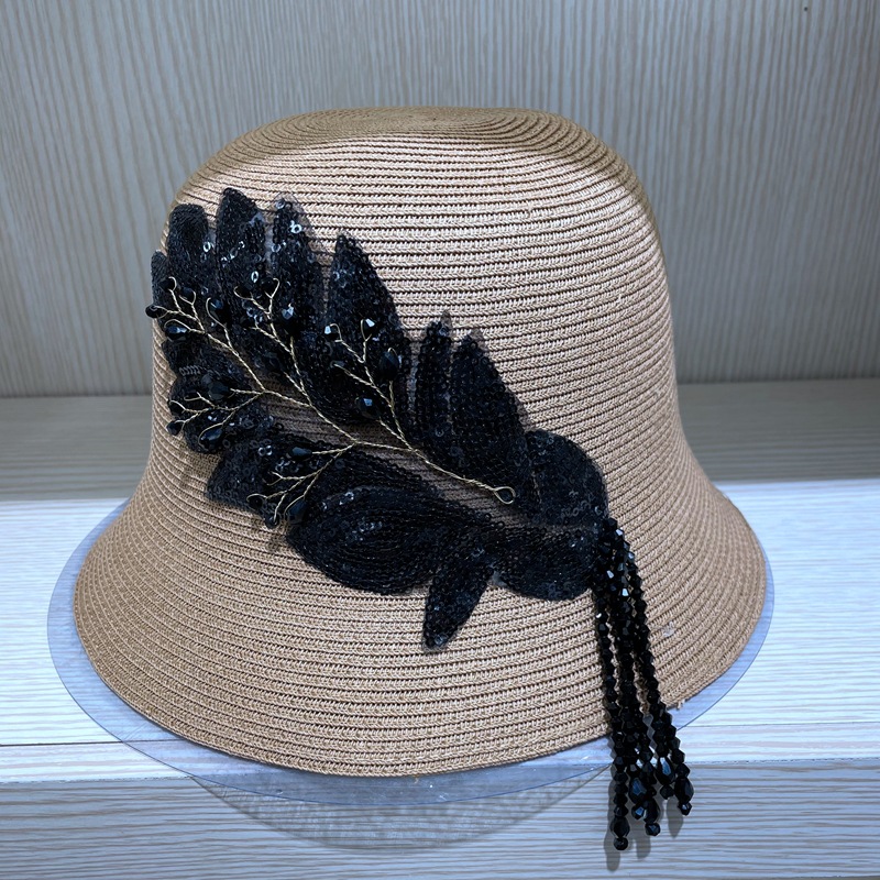 日系文艺亮片树叶流苏草帽子女夏季防晒渔夫帽名媛风遮阳水桶帽潮