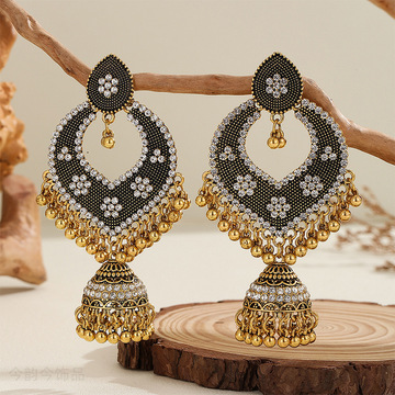 跨境印度风中东民族风花纹耳环铃铛耳坠欧美复古配饰银色镶钻饰品