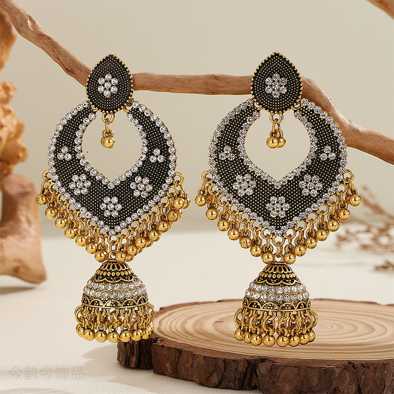 跨境印度风中东民族风花纹耳环铃铛耳坠欧美复古配饰银色镶钻饰品