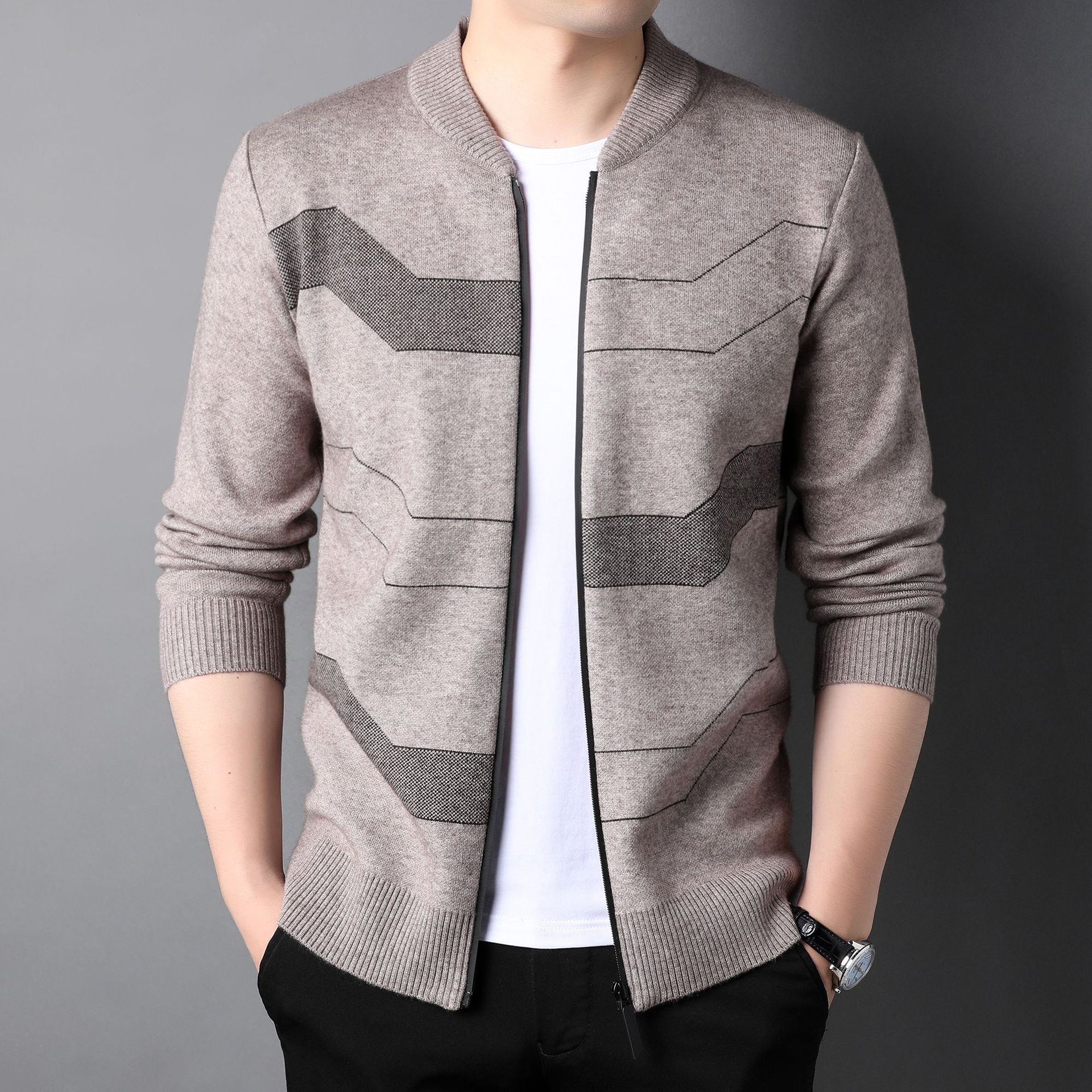 开衫男2021春秋季新款男士针织毛衣条纹厚款外穿上衣男装拉链外套
