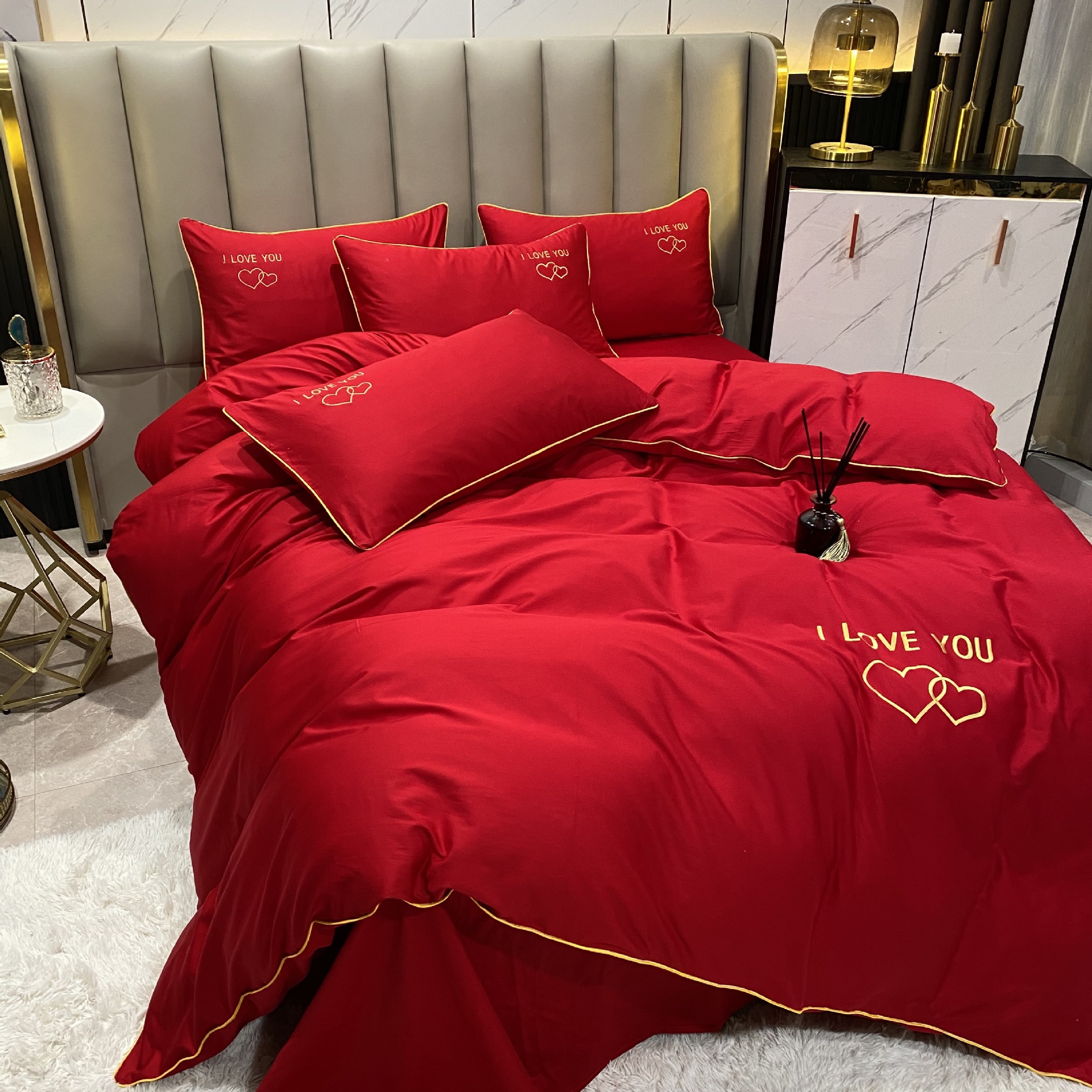 婚庆四件套六件套新婚床上用品60支全棉婚被大红婚礼结婚床上用品