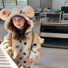 冬季新款女童加厚毛毛衣中小童宝圆点外套韩版可爱兔耳朵连帽上衣