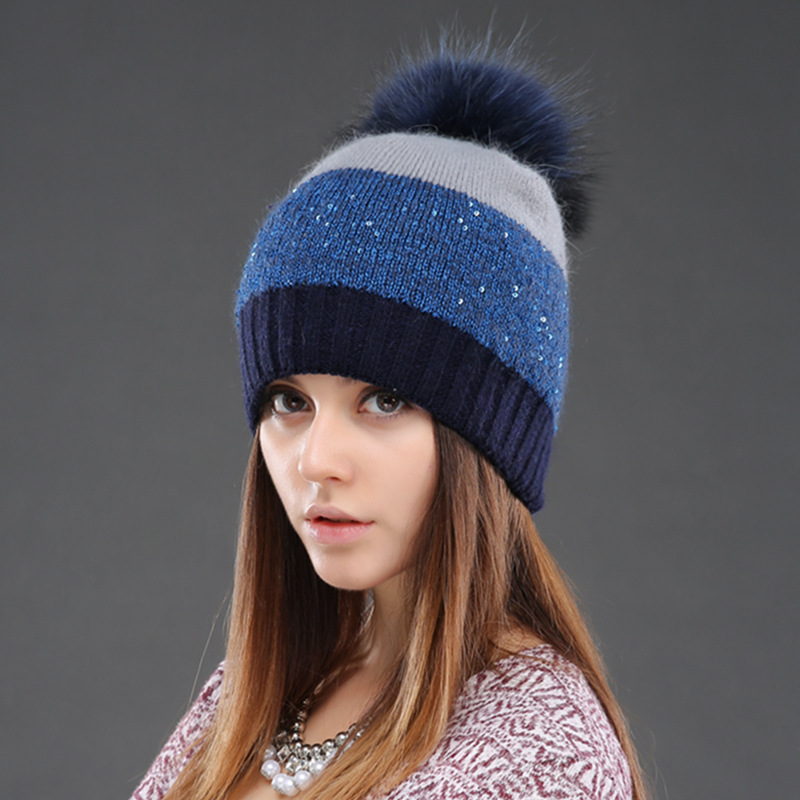 女士帽子冬季保暖针织兔毛真貉子毛球帽时尚百搭亮片套头帽外贸款
