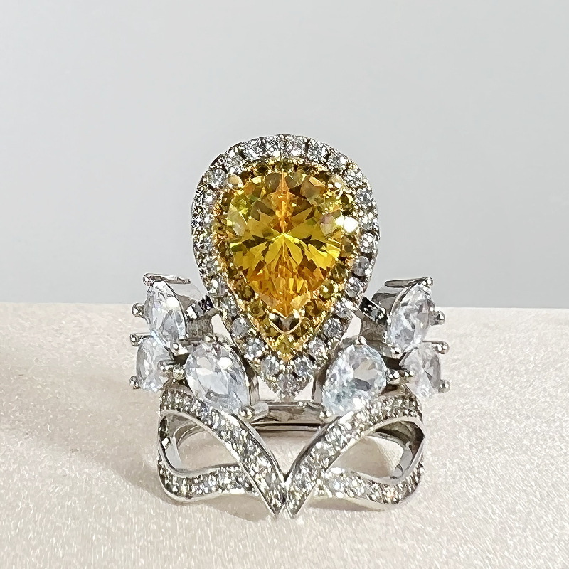 快手抖音直播热卖皇冠加冕阿斯切黄钻水滴戒指 彩宝皇冠黄钻戒指