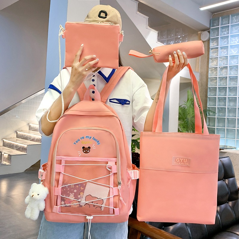 Factory Wholesale Girl Backpack Cartoon Bear Schoolbag for Primary School Students Make-up Bag Four-Piece Set Junior Backpack
