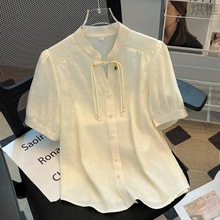 Y裛12024夏季新款新中式国风短袖提花衬衫女单排扣衬衣设计感盘扣
