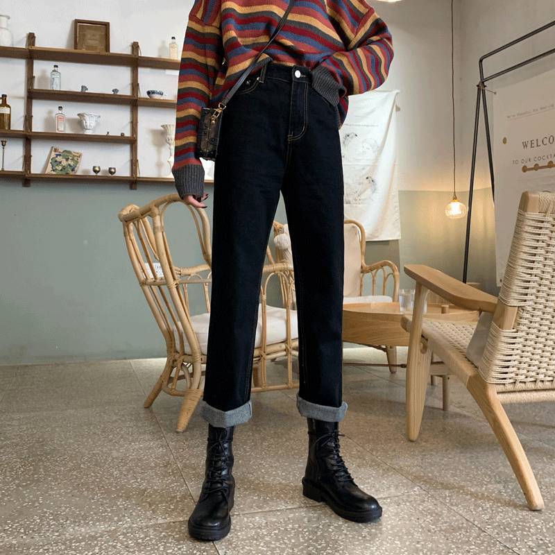 复古黑灰色牛仔裤女秋冬韩版高腰显瘦显高直筒裤配马丁靴烟管长裤