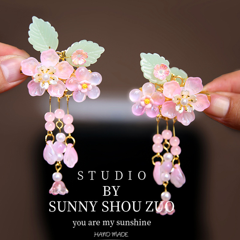 儿童汉服头饰女童古风发夹古装原创花朵珍珠流苏夹子配饰女孩发饰