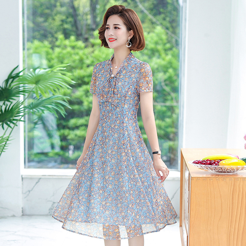 夏装洋气连衣裙新款印花裙中老年女夏季短袖气质雪纺裙子中年妈妈