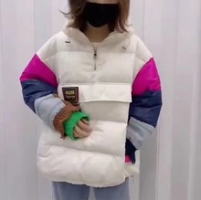 拼色卫衣式羽绒服女反季2021年新款韩版宽松白鸭绒套头外套冬短款