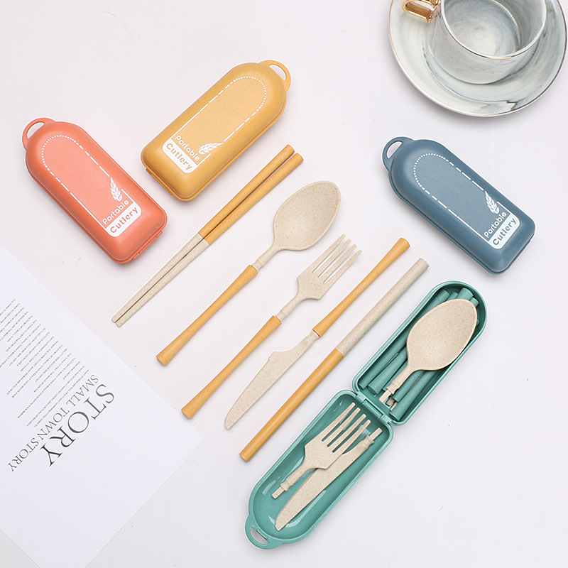 Creative Wheat Straw Vertical Pattern Tableware Set Student Outdoor Portable Folding Knife Fork Spoon and Chopsticks Straw Tableware Gift