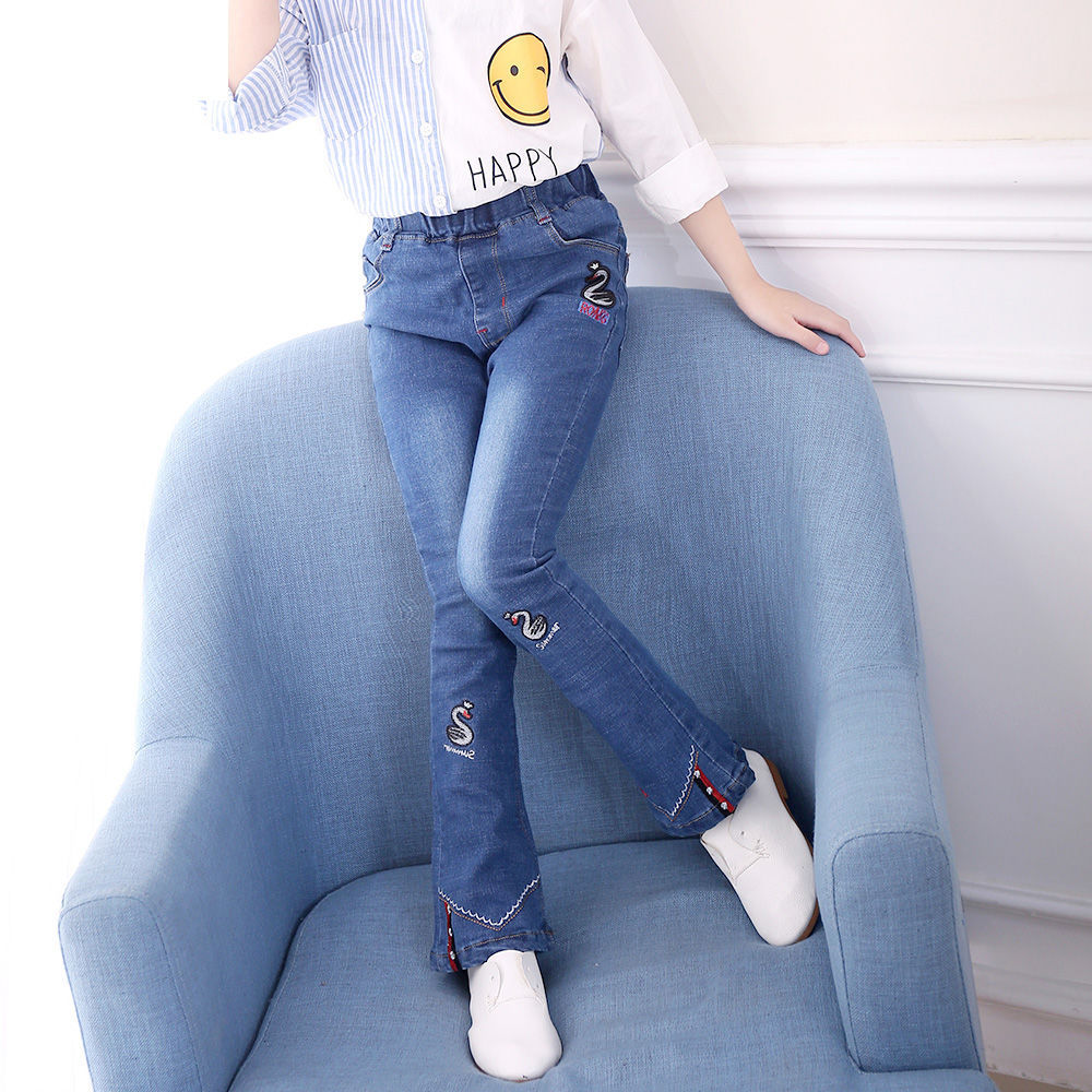 女童牛仔裤中大童2020春秋装新款薄款女童长裤阔腿洋气喇叭裤子潮