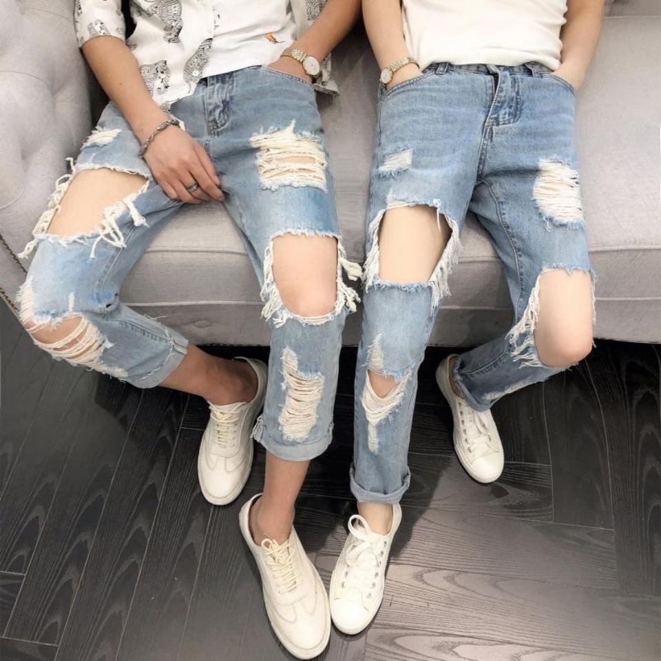 春夏大破洞九分情侣牛仔裤男宽松乞丐直筒漏洞男女9分裤子潮