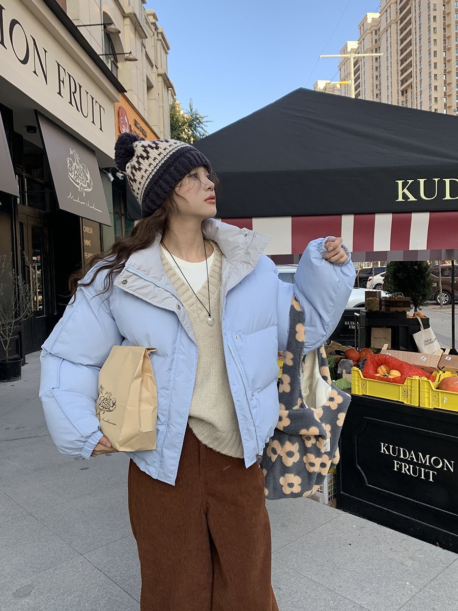 馨帮帮自制两面穿拼色棉服外套韩系学院风蓝色加厚保暖短款面包服