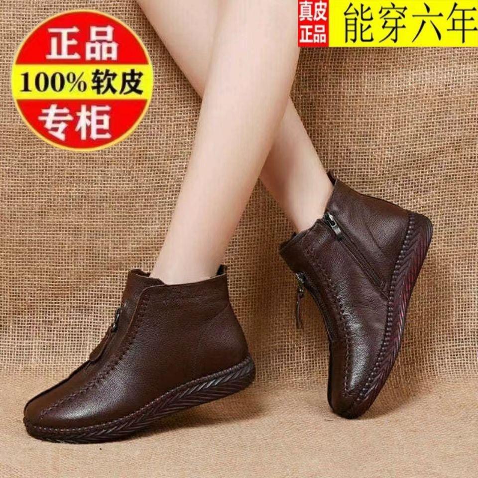 真软皮2025秋冬新款中帮女士棉鞋软底平底短靴保暖加绒防滑妈妈鞋
