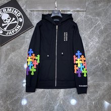 21SS正确版 Chrome Hearts 重工双臂刺绣十字架彩色拼皮拉链卫衣