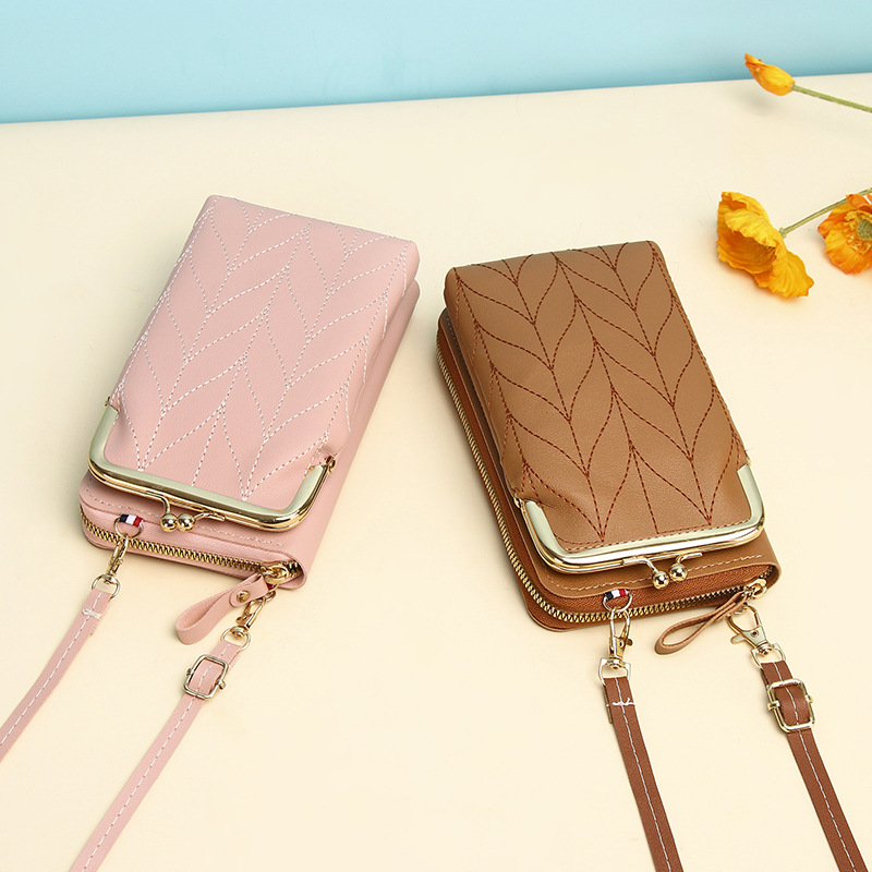 2023 New Ladies Phone Bag Korean Style Multiple Card Slots Shoulder Messenger Bag Fashion Zipper Vertical Leaf Wallet for Women