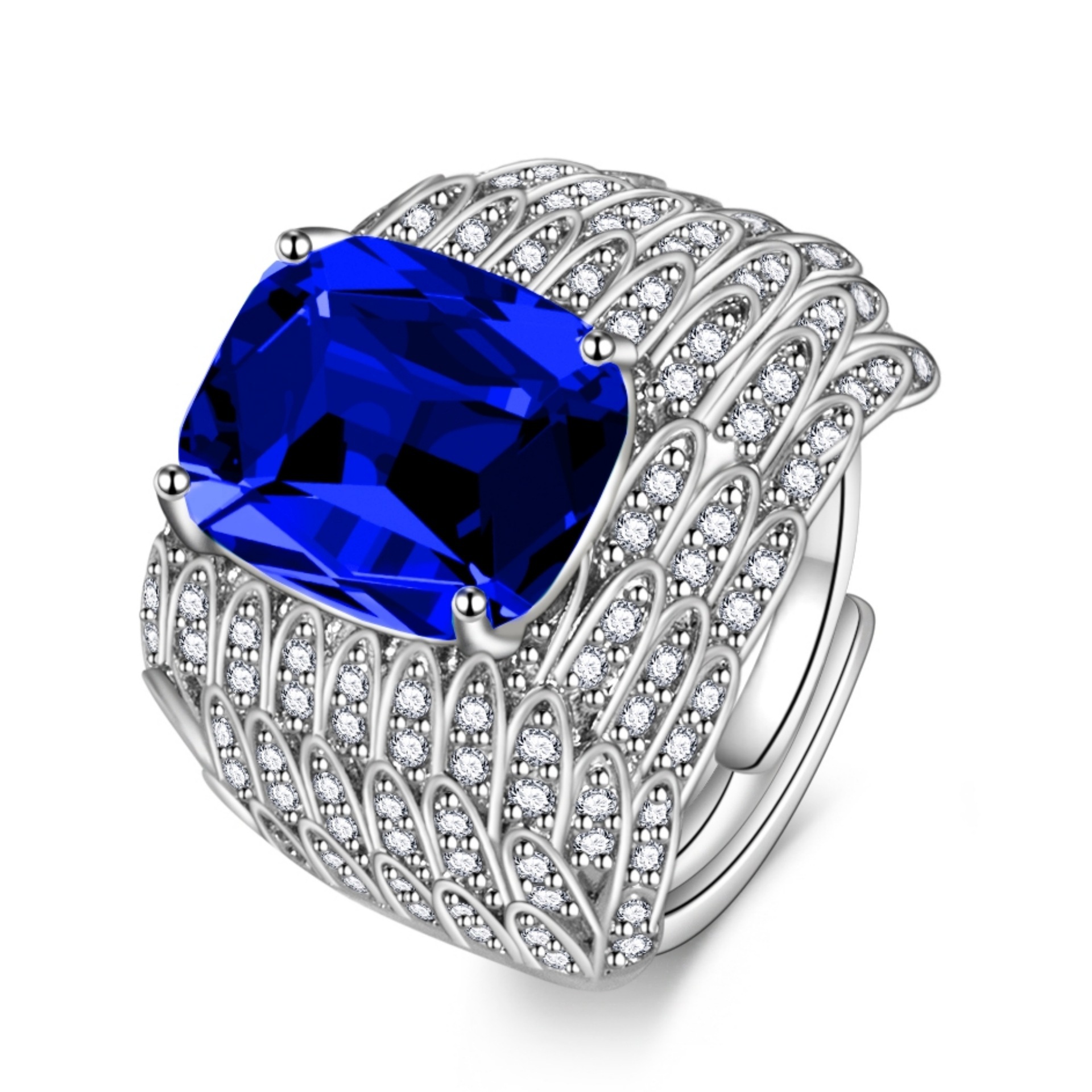 天使翅膀皇家蓝蓝宝石戒指 潮男天使之翼戒指满钻锆石羽毛戒指环