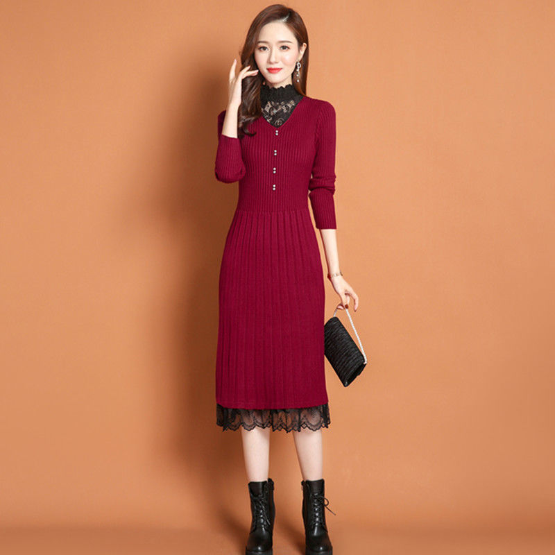 冬季保暖全身加绒打底连衣裙中长款韩版宽松过膝蕾丝拼接毛衣裙女