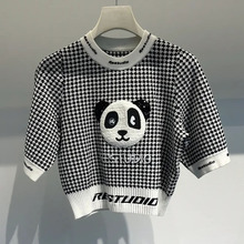 现货熊猫短袖针织衫短袖2023年夏季新款格子黑白T恤女RN30601053