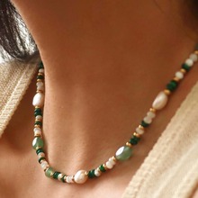 日韩时尚潮流新款天然珍珠拼接贝壳项链绿色东陵玉夏天浪漫锁骨链