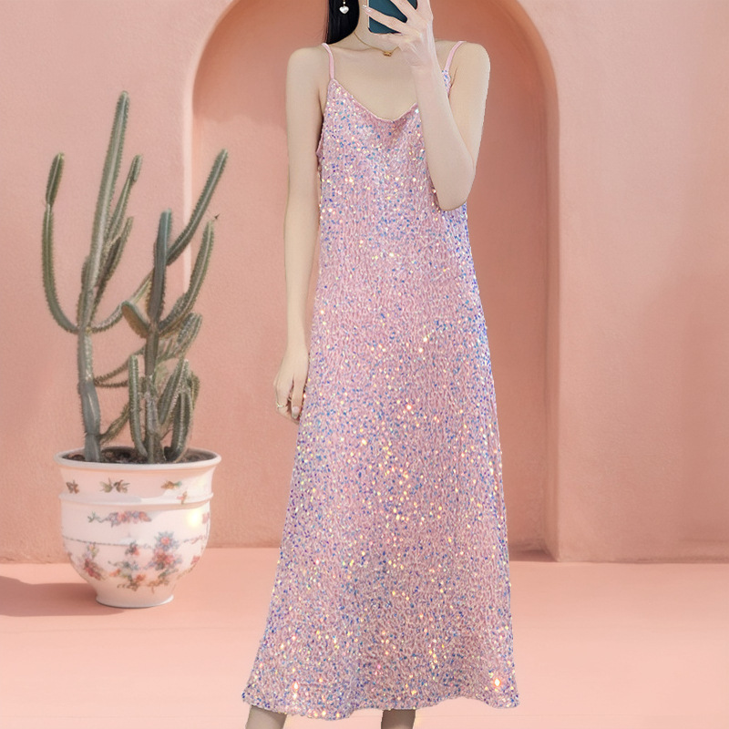 重工亮片吊带连衣裙女夏季礼服裙子高级感气质性感收腰显瘦中长裙