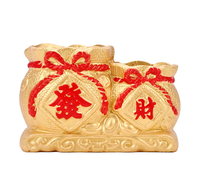 双孔发财袋金色创意花盆容器钱袋造型双孔创意年宵花盆仿冬青果盆